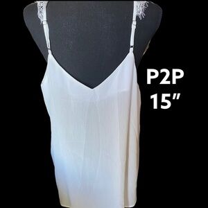 NWOT Beautiful Spaghetti Strap White Top. Fine lace on the shoulders.(see image)
